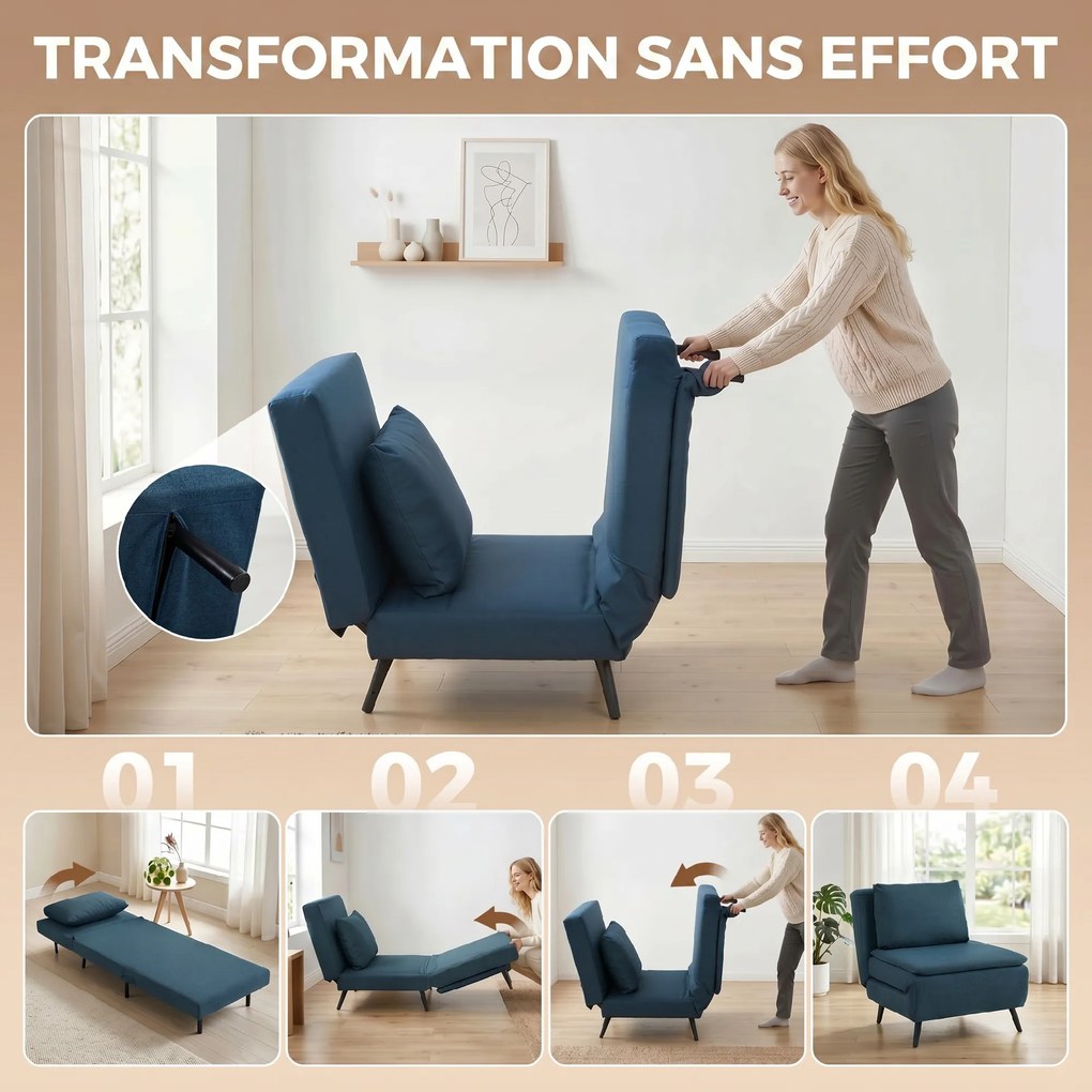 Poltrona-cama de 1 lugar, poltrona-cama 3 em 1 com encosto ajustável, almofada, assento largo, azul