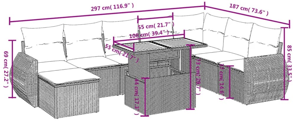9 pcs conjunto sofás p/ jardim com almofadões vime PE cinzento