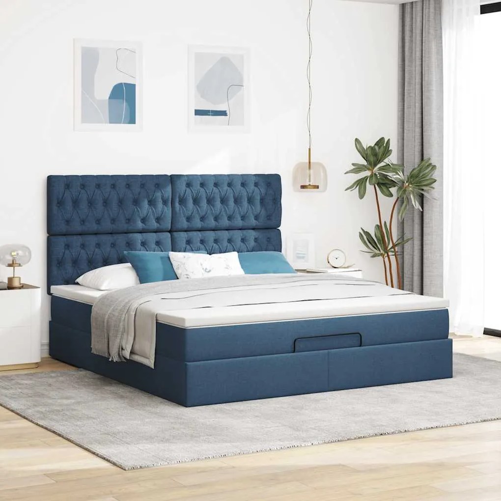Estrutura de cama otomana vidaXL com tecido azul colchão 180x200cm