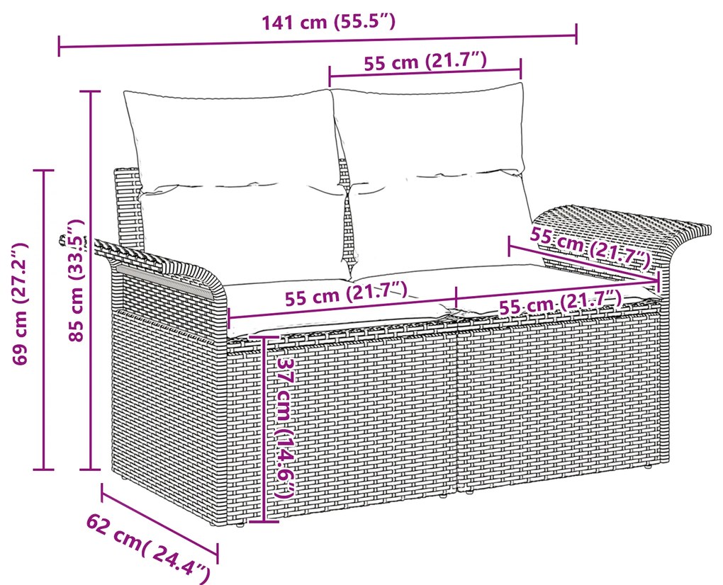 Conjunto de Sofá de Jardim de 8 Peças com Almofadas Castanho em Rattan