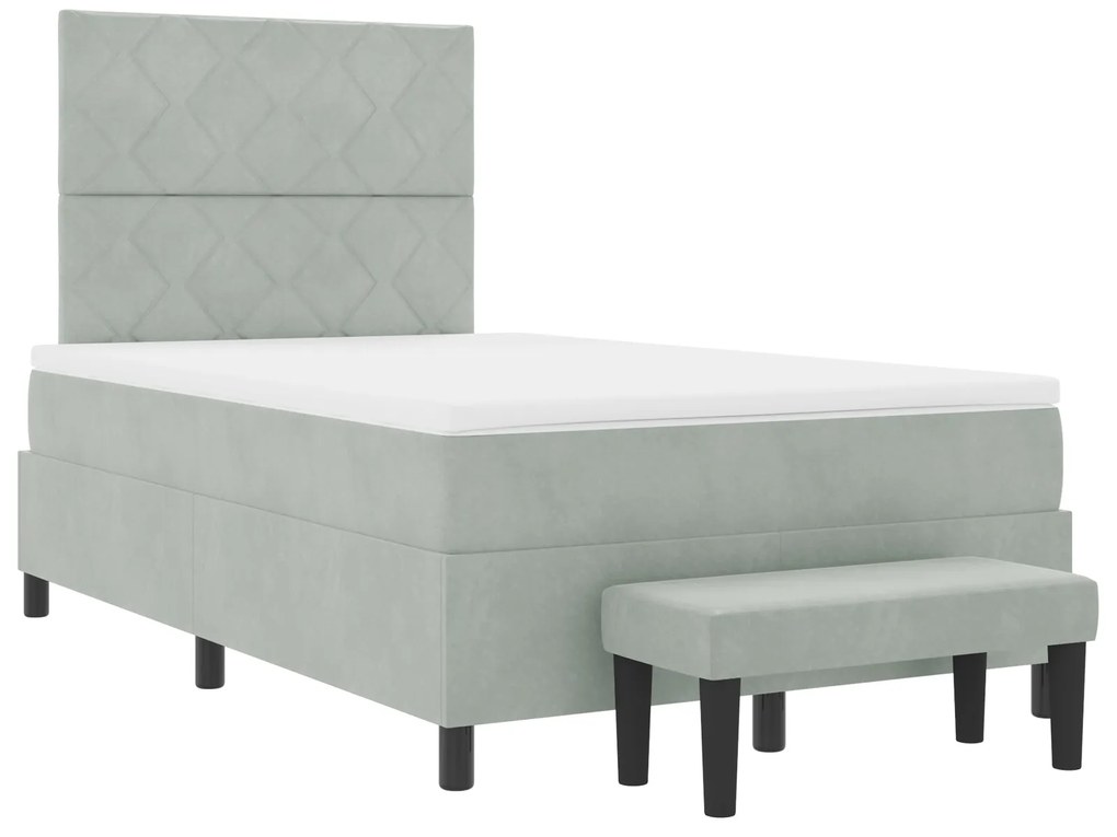 Cama Box Spring com Colchão e Banco Cinza Claro 120x200 cm Veludo