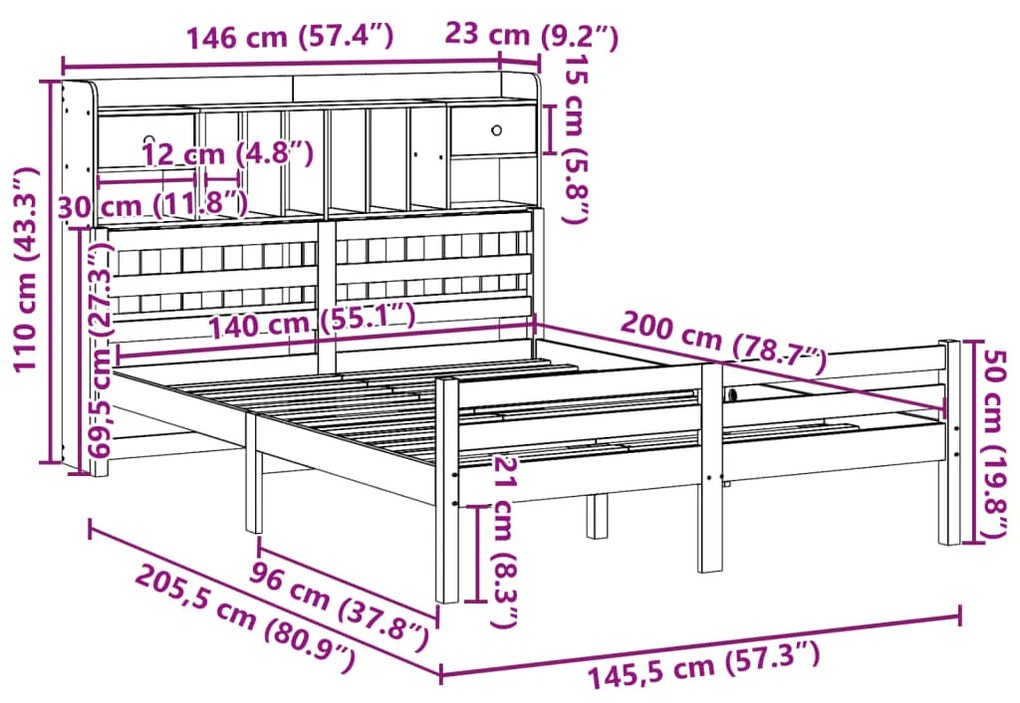 Cama com estante sem colchão 140x200 cm pinho maciço