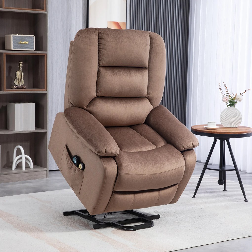 Poltrona elevatória elétrica, de relaxamento com encosto reclinável e apoio para os pés, com comandos remotos, 90 x 93 x 110 cm, castanho