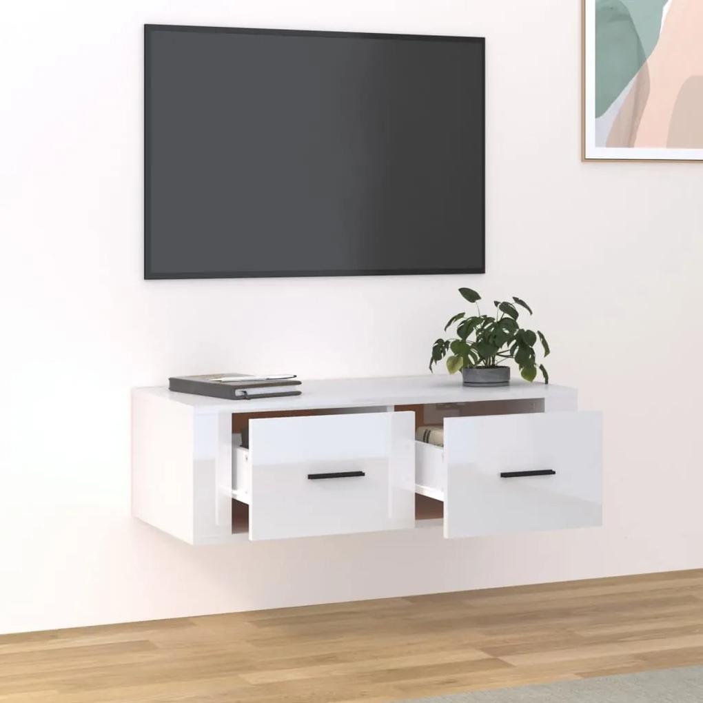 Armário TV suspenso 80x36x25 cm deriv. madeira branco brilhante