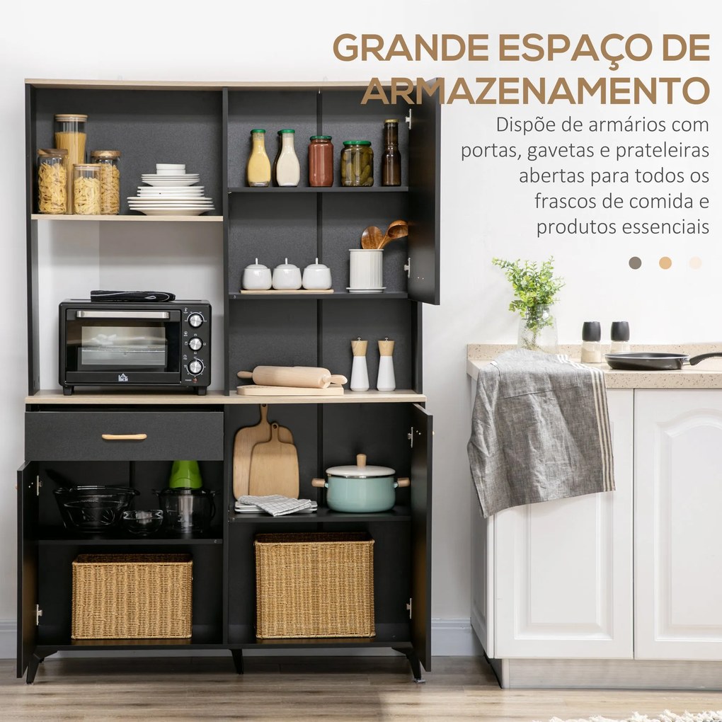 Armário de Cozinha com 1 Gaveta 3 Portas e Armazenamento Aberto Estilo Moderno 119x41x180cm Preto