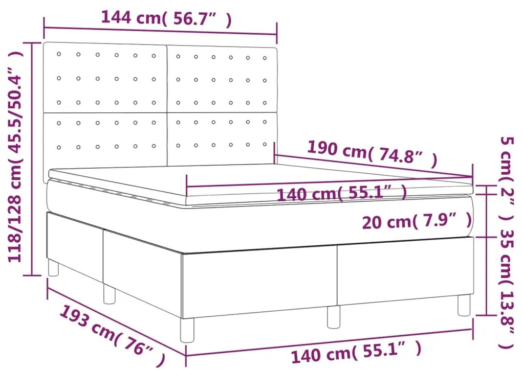 Cama box spring c/ colchão e LED 140x190 cm tecido cinza-escuro