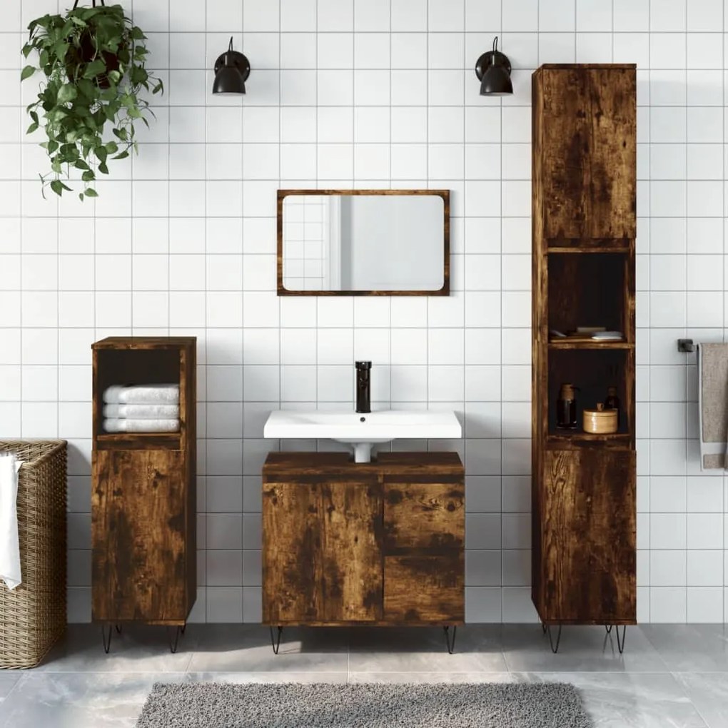 vidaXL 3 pcs conjunto de móveis WC madeira processada carvalho fumado