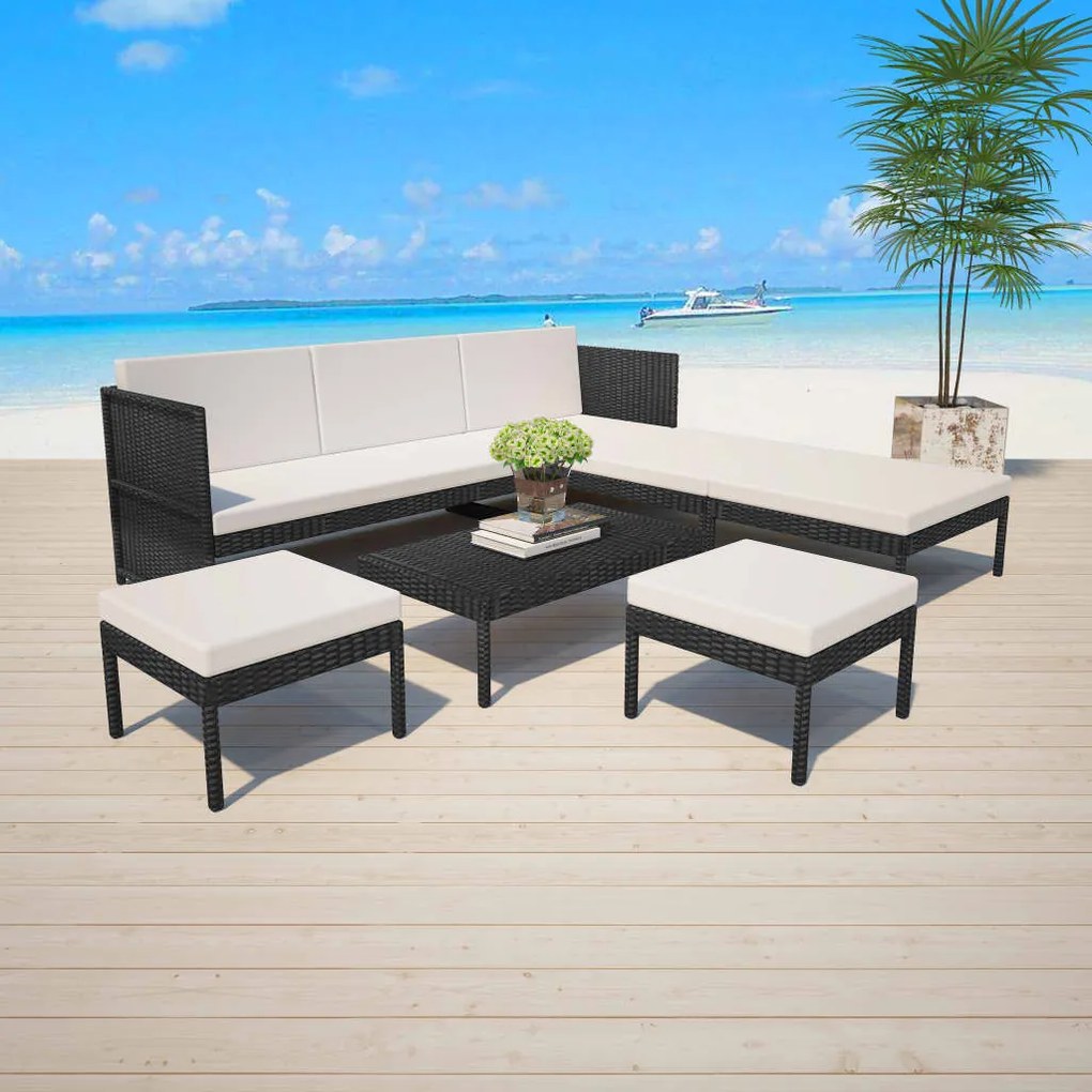 vidaXL 6 pcs conjunto lounge de jardim c/ almofadões vime PE preto