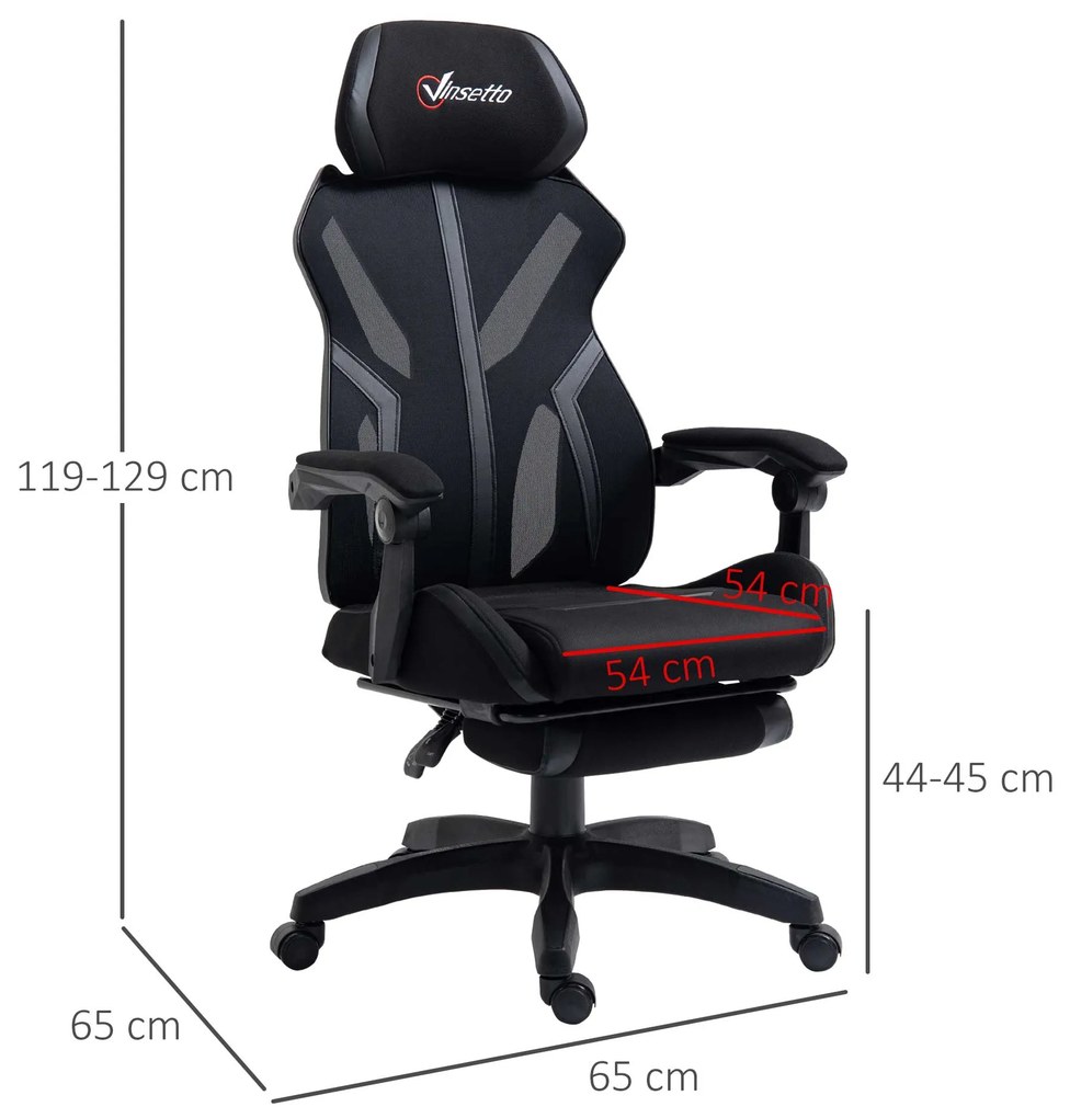 Cadeira de Gaming com Apoio para os Pés Retrátil Cadeira de Escritório Reclinável com Apoio para a Cabeça e Altura Ajustável 65x65x119-129cm Preto