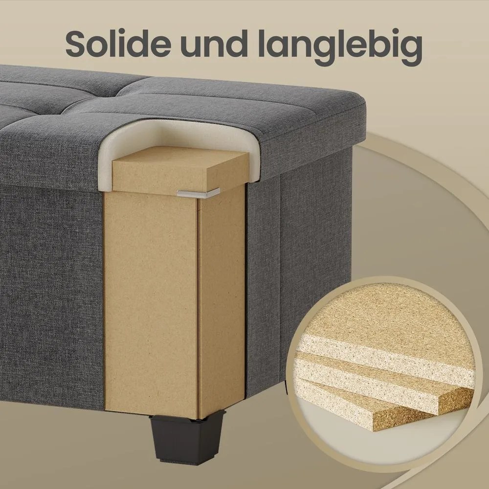 Banco com espaço de arrumação 38 x 110 x 40 cm, baú dobrável com tampa articulada, quarto e sala de estar, efeito de linho cinzento