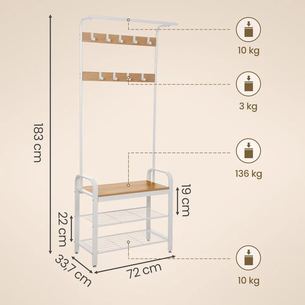 Cabide, móvel entrada com bengaleiro, com banco para sapatos 33,7 x 72 x 183 cm Branco + natural