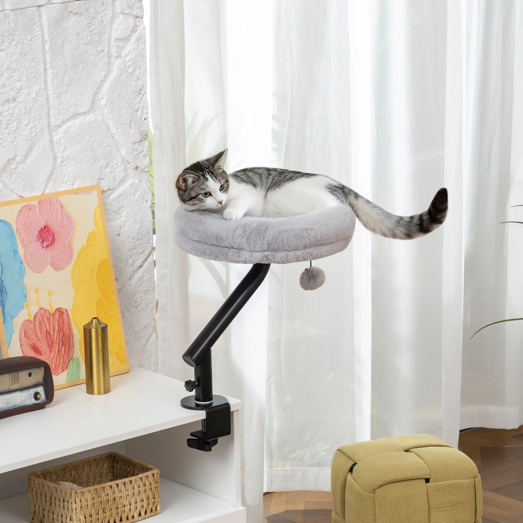 Cama de secretária para gatos com rotação de 360° e altura ajustável, cama para gatos lavável com bola de brincar, 35 x 35 x 48 cm, cinzento