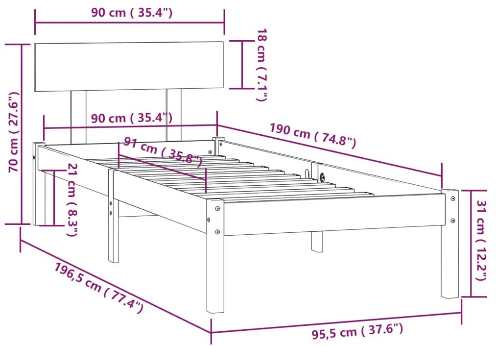 Estrutura de cama solteiro UK 90x190 cm pinho maciço cinza