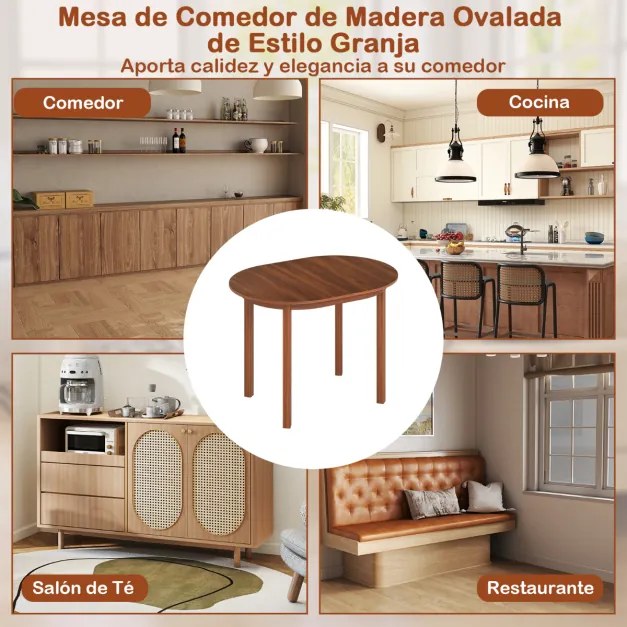 Mesa de jantar oval 110 x 78 x 77 cm com superfície ampla e pernas robustas de madeira com pés antiderrapantes Castanho