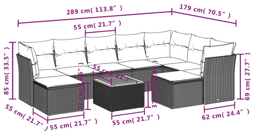 10 pcs conjunto de sofás p/ jardim com almofadões vime PE bege