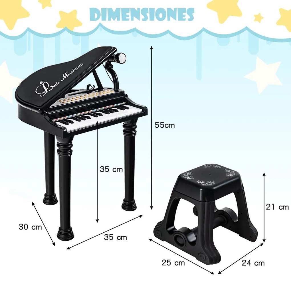Piano eletrónico para crianças de 31 teclas com banco portátil com microfone LED 35 x 30 x 55 cm Preto