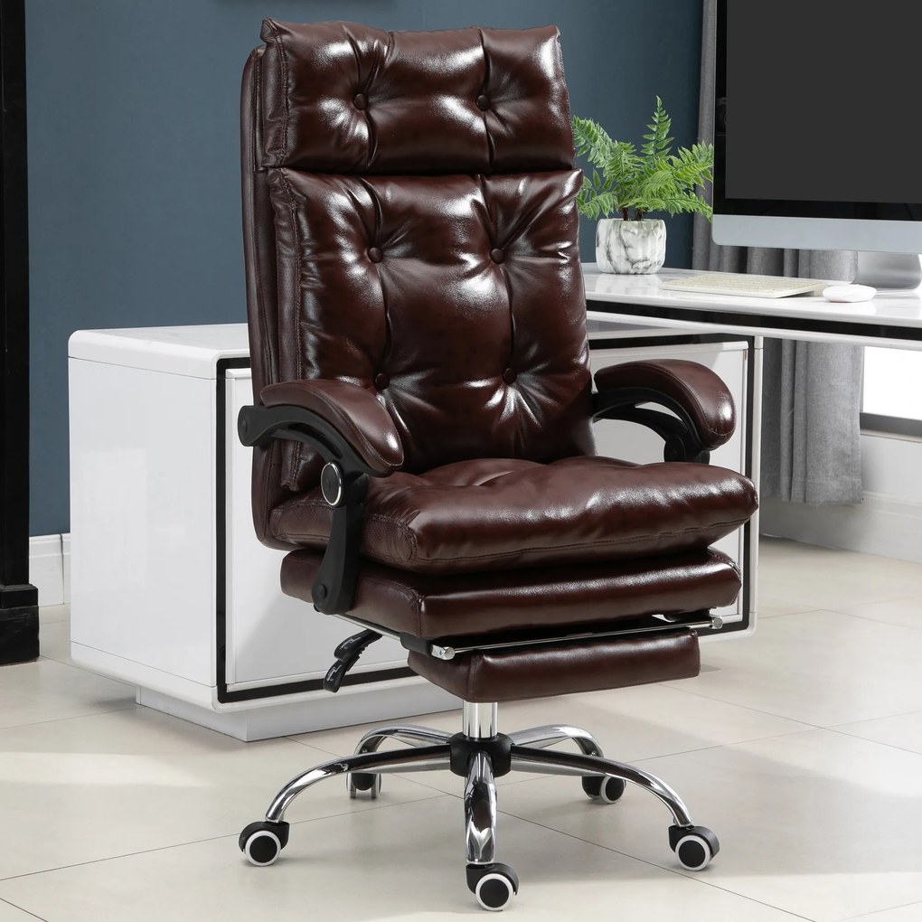 Cadeira de escritório ergonómica com altura ajustável, encosto reclinável e apoio para os pés retrátil, castanha