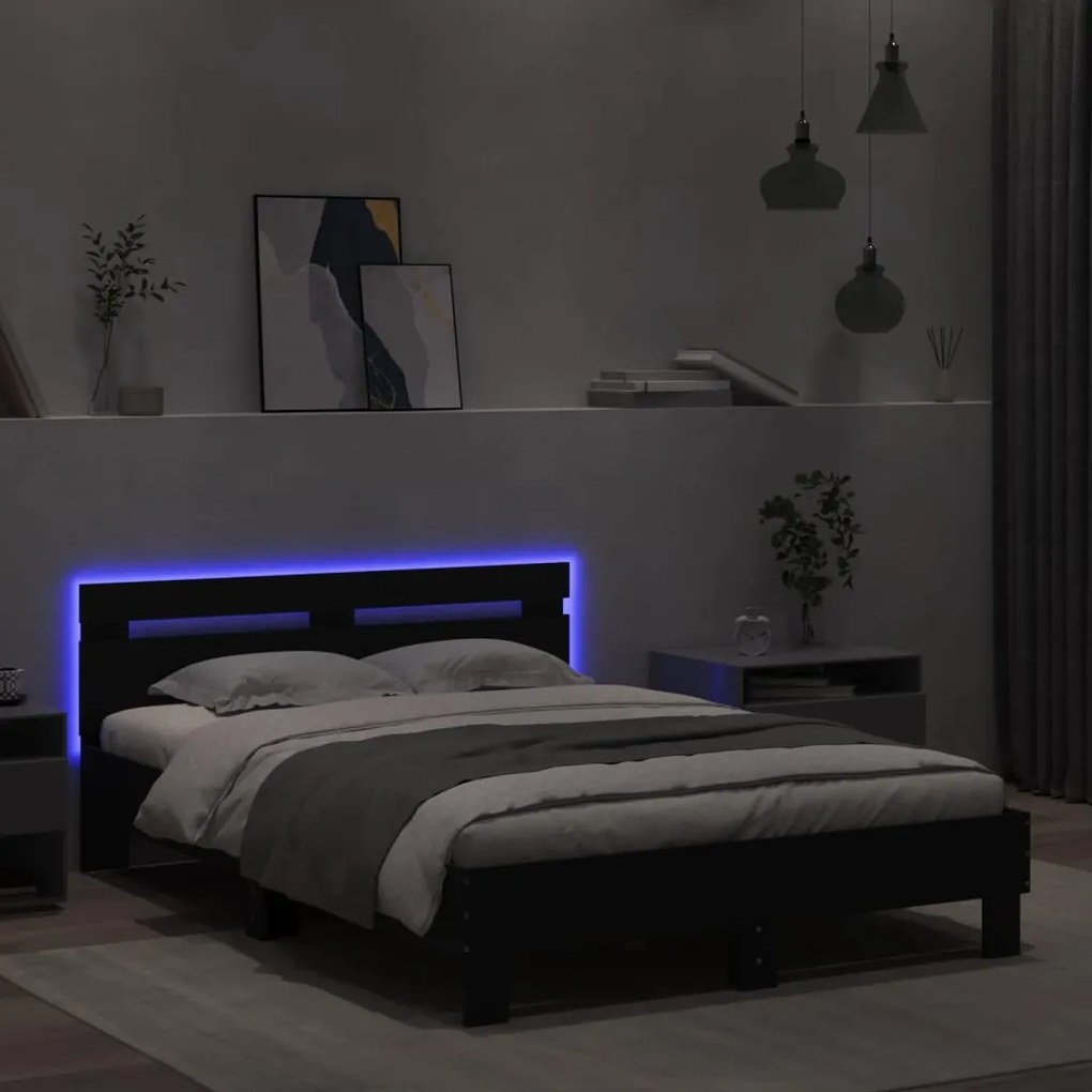 Estrutura de cama com cabeceira e luzes LED 135x190 cm preto