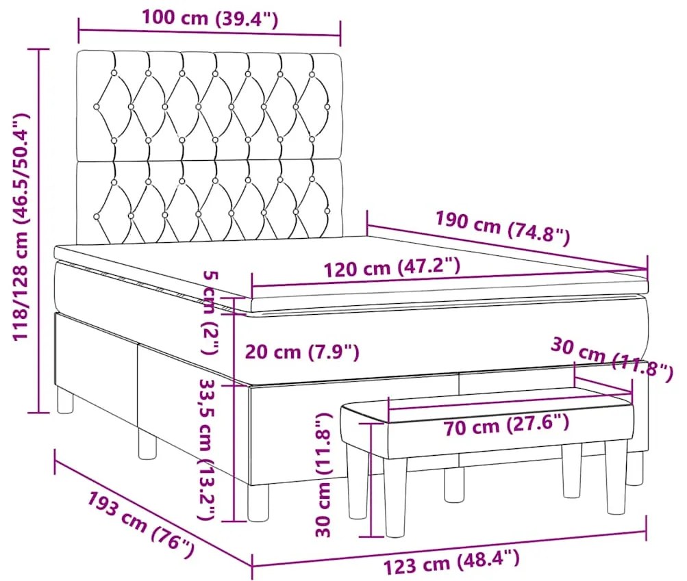 Cama boxspring com colchão 120x190 cm tecido preto