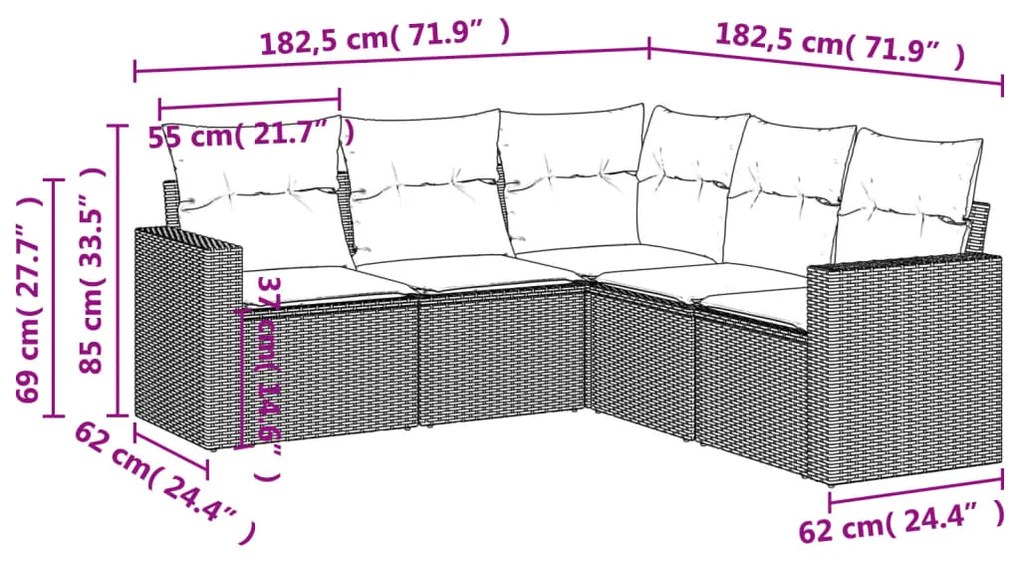 5 pcs conjunto sofás de jardim c/ almofadões vime PE cinzento