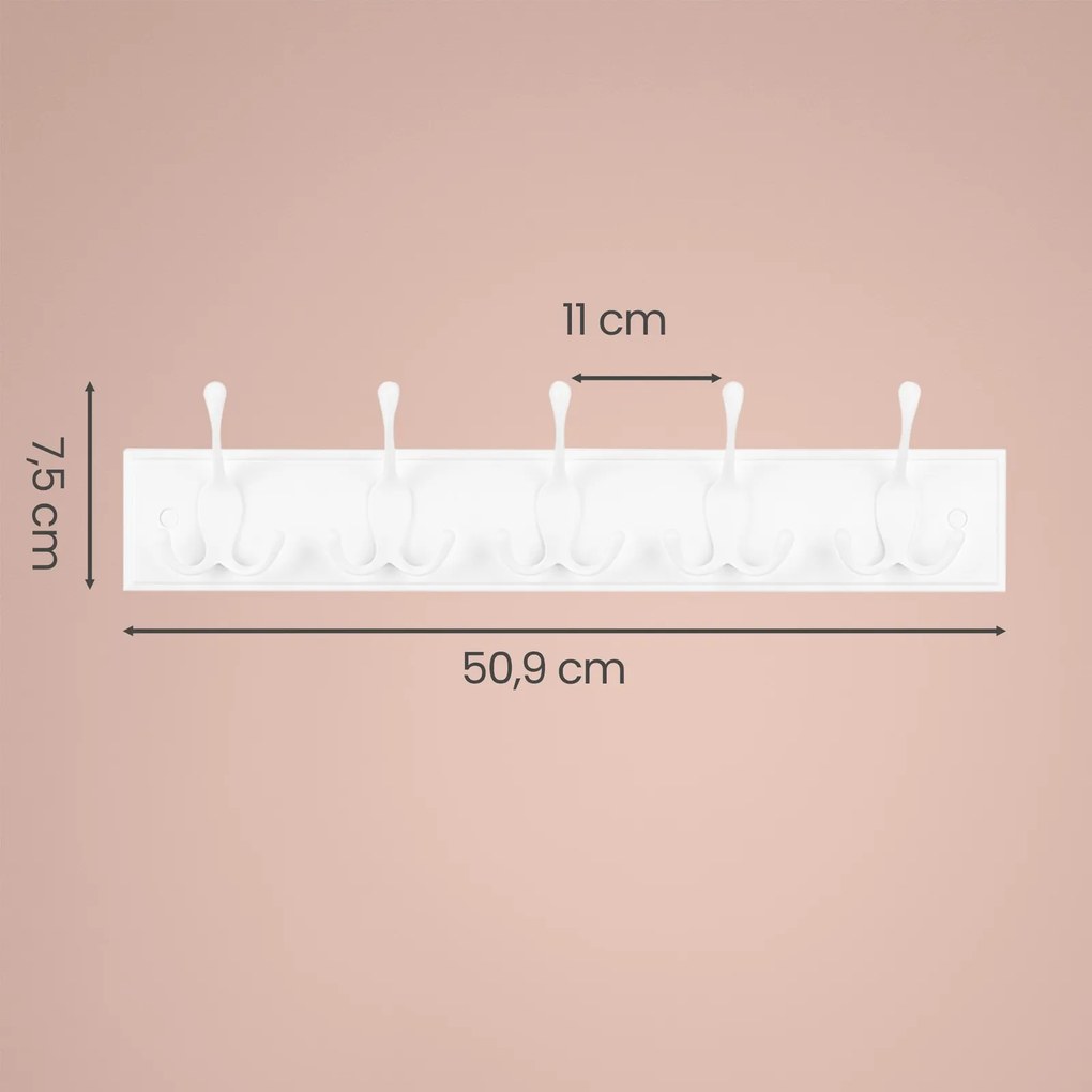 Cabide de parede com ganchos de metal, barra para casacos e chapéus 7 x 50,4 x 10,5 cm Branco