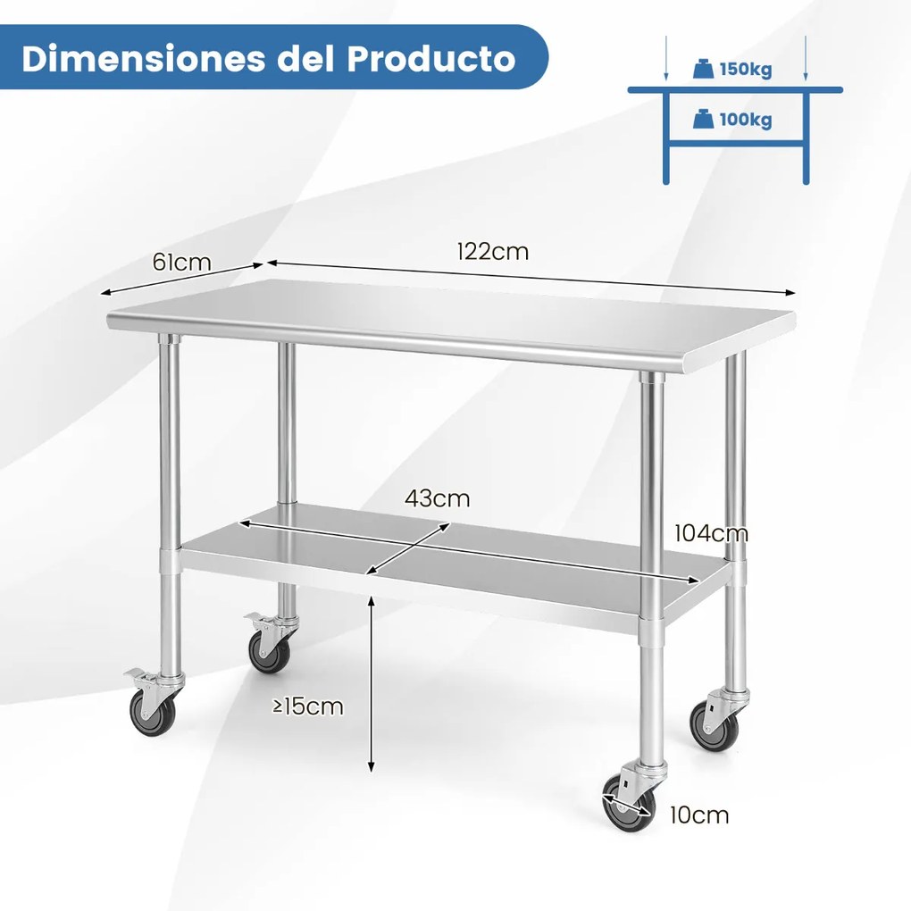 Mesa de preparação cozinha aço inoxidável com 4 rodas pernas galvanizadas prateleira ajustável para cozinha 122 x 61 x 89 cm Prateado