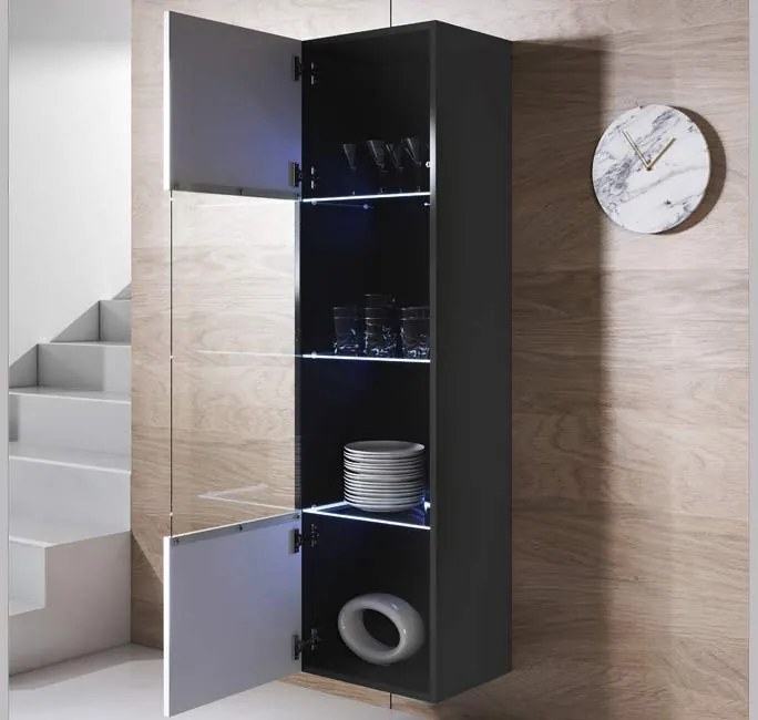 Vitrine de Parede Granada – 40x165 cm – Preto e Branco com LED Azul