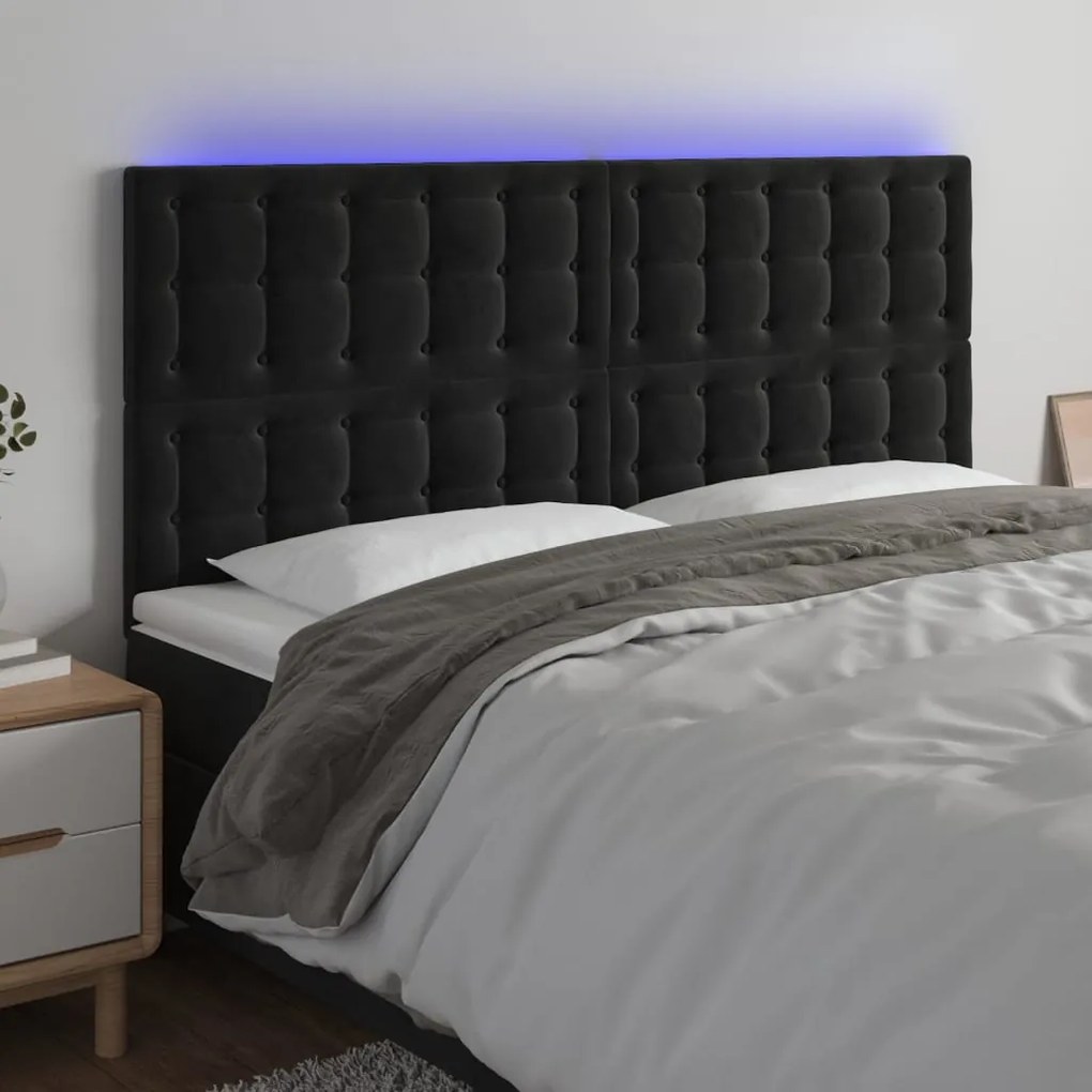 vidaXL Cabeceira de cama c/ luzes LED veludo 200x5x118/128 cm preto