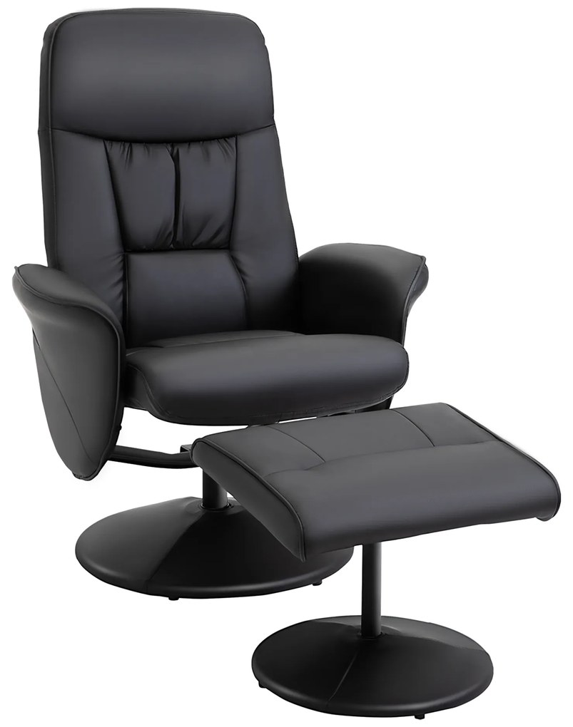HOMCOM Poltrona Relax com Apoio para os Pés Estofada em PU Poltrona Relax Reclinável até 145° e Giratório 360° com Encosto Ajustável para Sala de Estar Dormitório Escritório 81x81x105cm Preto