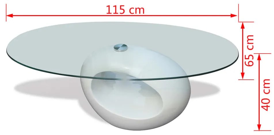 Mesa de centro com tampo oval de vidro, branco brilhante