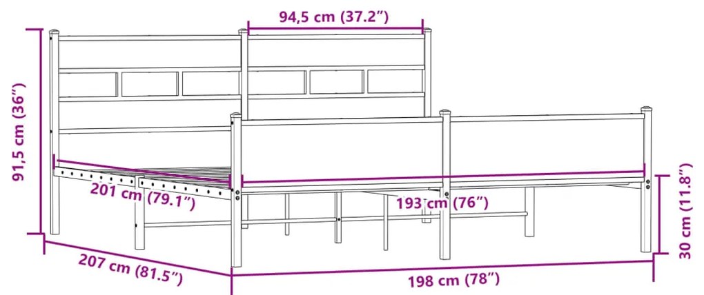 Estrutura de cama sem colchão 193x203cm metal carvalho sonoma