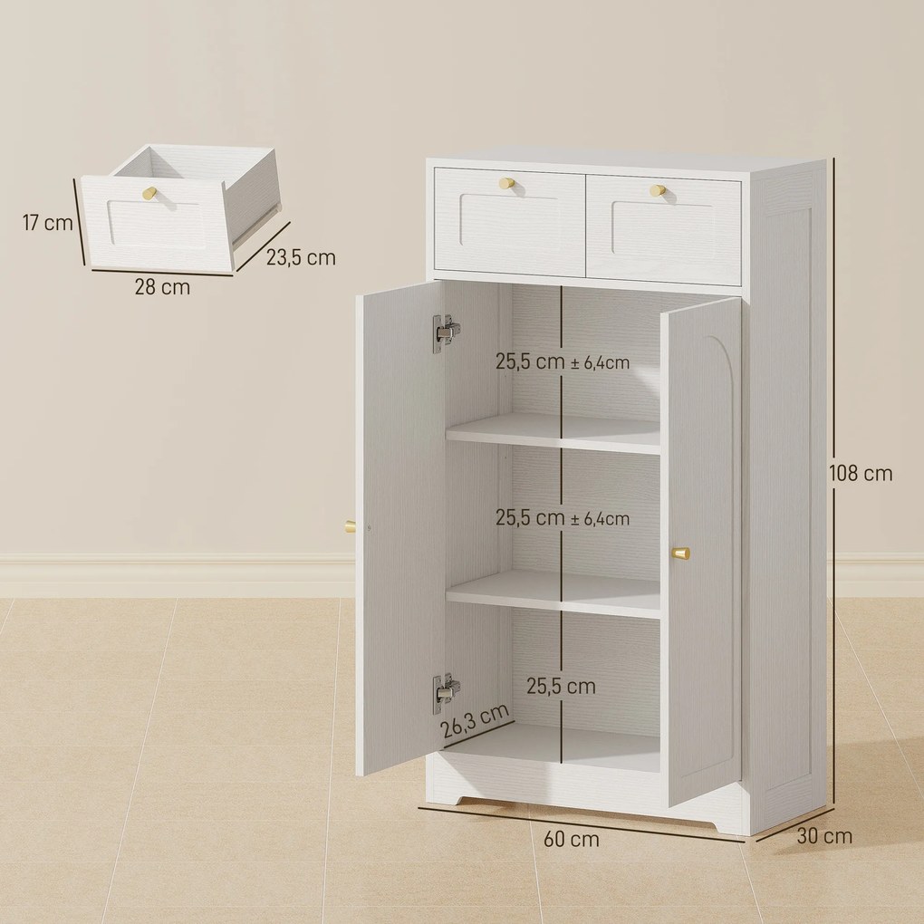 Armário de Casa de Banho Estreito com 2 Gavetas Prateleira Aberta e Porta com Painel Arqueado 60x30x108 cm Branco Texturizado