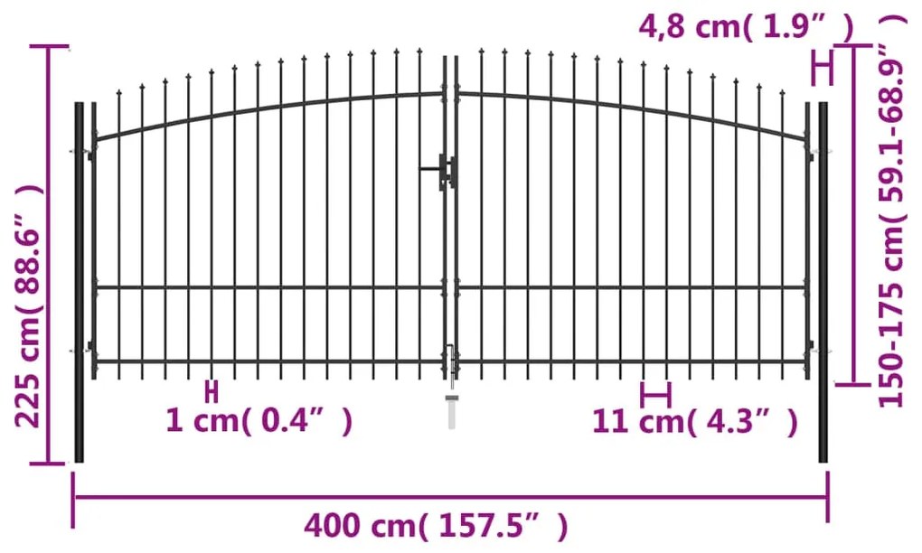 Portão de cerca com porta dupla e topo em lanças 400x225 cm