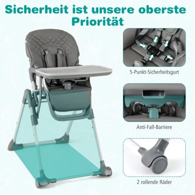 Cadeira refeição alta dobrável para bebés, cadeira infantil com função reclinável e altura ajustável, cinzenta