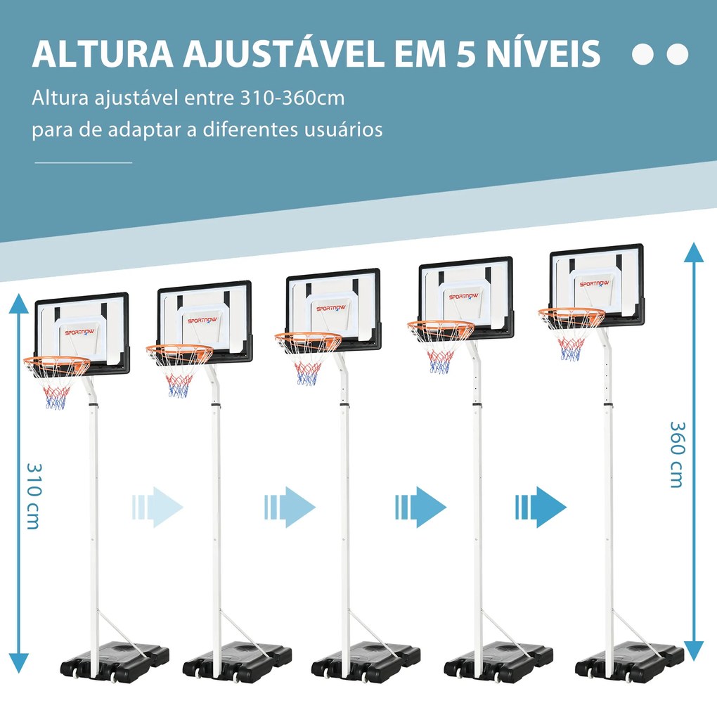 Cesta de Basquetebol com Rodas Altura Ajustável 260-305cm Cesta de Basquetebol Portátil com Tabela de PVC e Base para Exteriores 90x83x310-360cm Branc