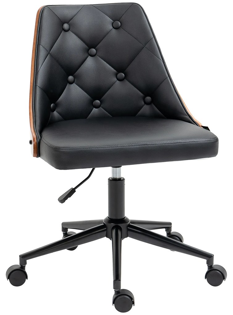 Cadeira de Escritório Giratória Cadeira de Escritório Ergonómica Estofada em Couro PU com Altura Ajustável Função de Inclinação para Sala de Estar Estúdio Dormitório 54x54,5x76-86cm Preto e Nogueira
