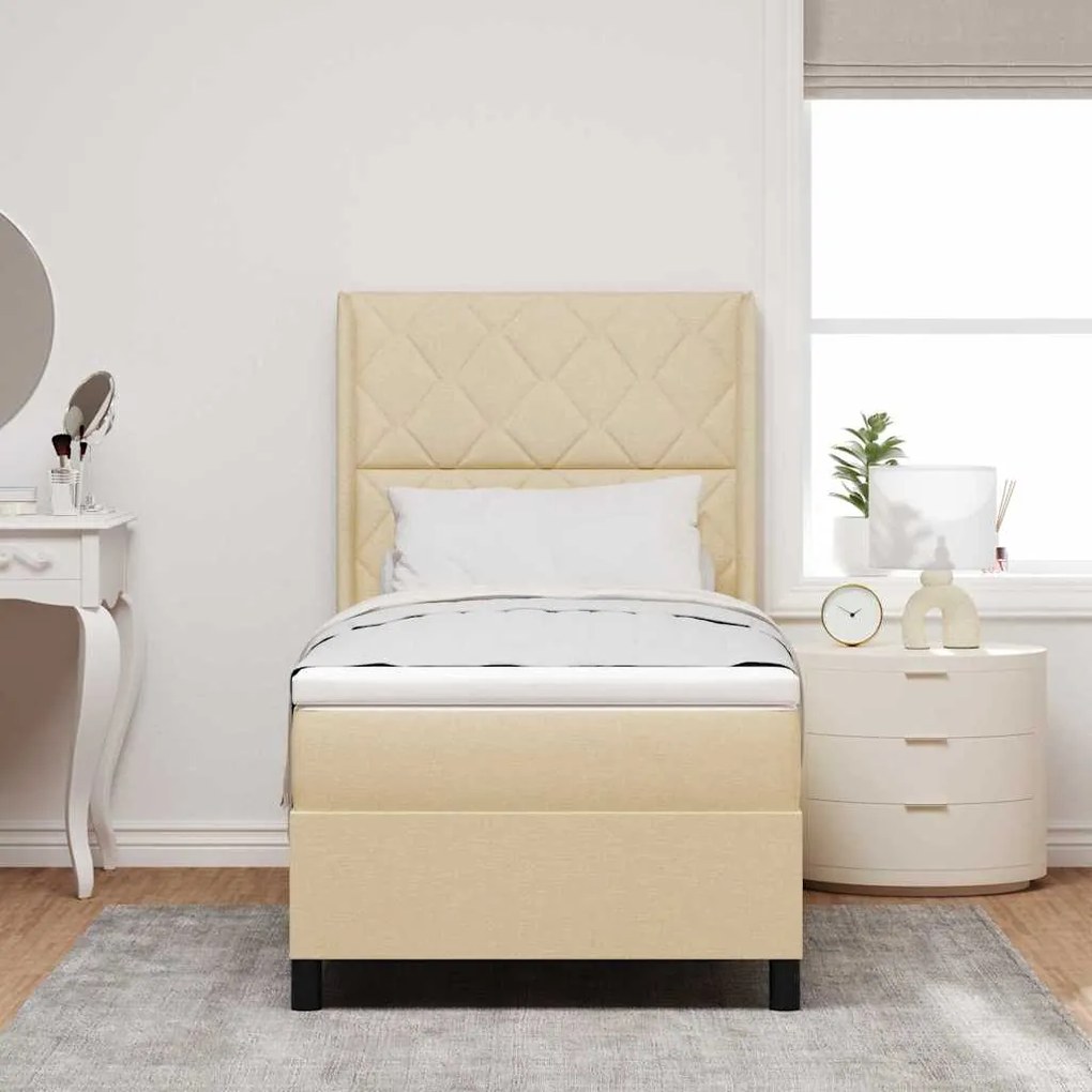Cama Box Spring com colchão e LED creme 100x200 cm, tecido