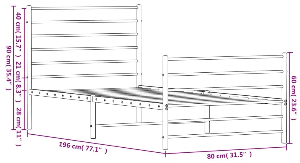 Estrutura de cama com cabeceira e pés 75x190 cm metal preto