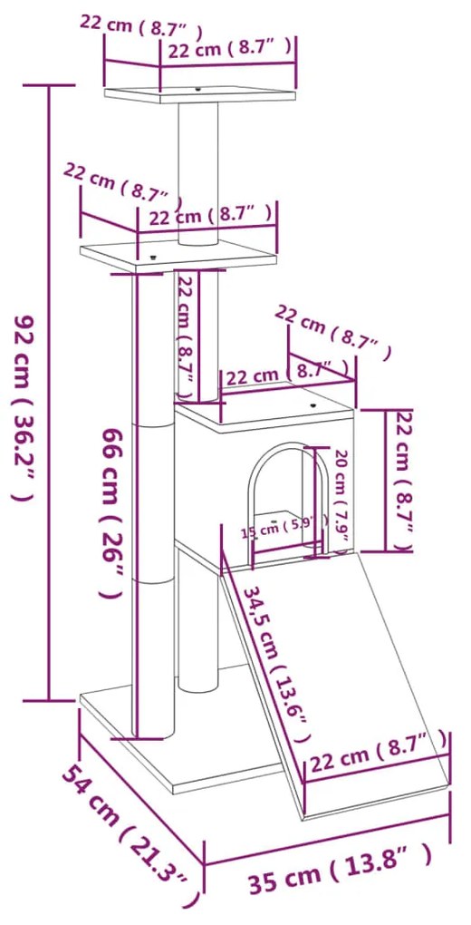 Árvore p/ gatos c/ postes arranhadores sisal 92 cm cinza-escuro