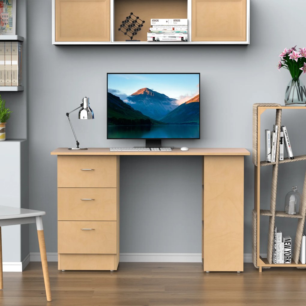 HOMCOM Mesa de computador de mesa para casa Escritório 3 gavetas 3 prateleiras móveis de escritório 120x49x72cm cor de madeira natural