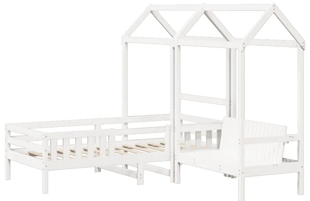 Conj. de cama e banco c/ telhado 100x200 cm pinho maciço branco