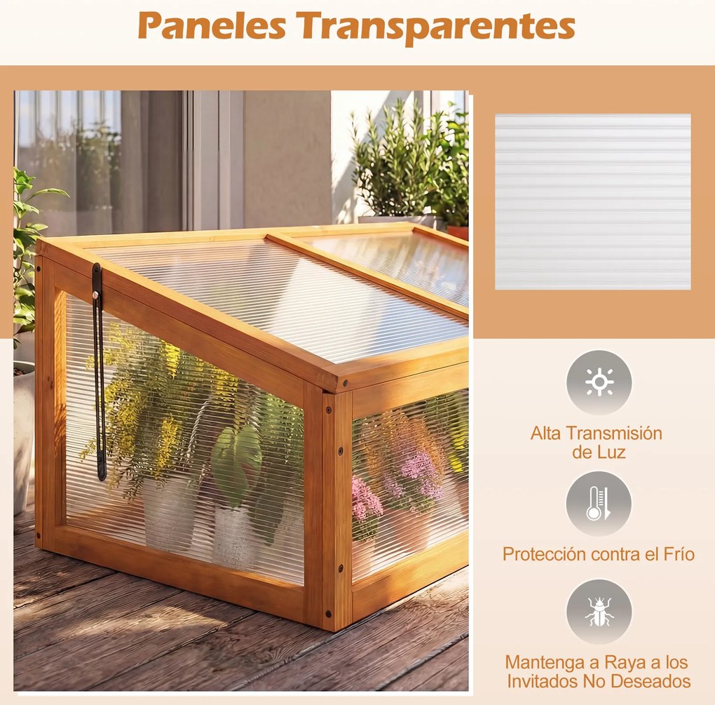 Estufa de madeira 94 x 63 x 40 cm, teto transparente rebatível, proteção para vasos elevados, pequena, para interior e exterior, jardim, terraço, cor