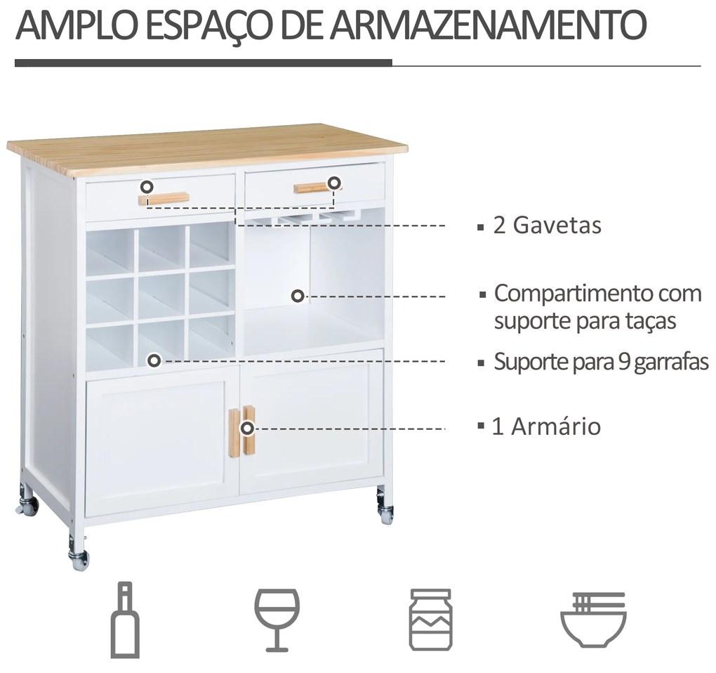 HOMCOM Carrinho de Cozinha Auxiliar com Rodas Carrinho de Cozinha com 2 Gavetas Suporte para 9 Garrafas Suporte para Taças Prateleira Aberta e Armário 76x40x88cm Branco