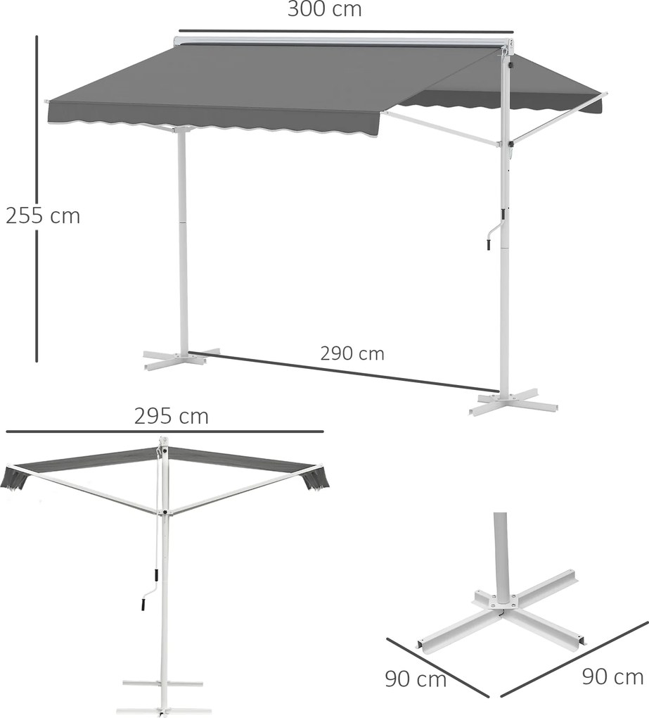 Toldo de dupla inclinação 3 x 3 m, manual, retrátil, inclinação ajustável, aço com revestimento epóxi branco, poliéster impermeabilizado