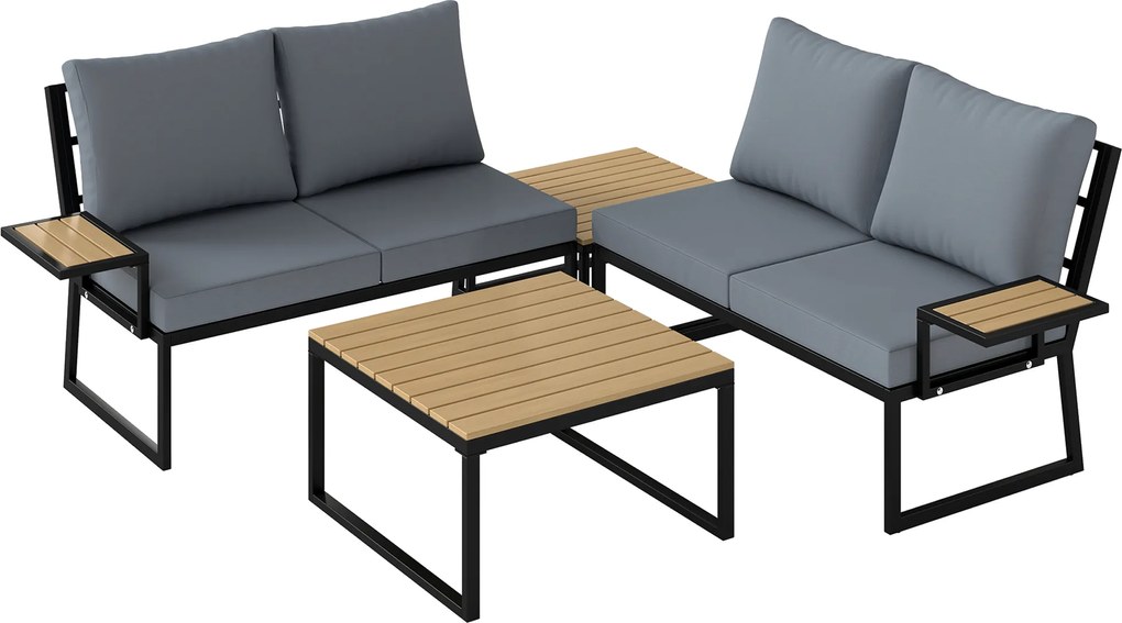 Outsunny Conjunto de móveis de jardim em L grupo de assentos metálico para 4 pessoas lounge de jardim com sofá 2 lugares almofadas 2 mesas laterais empilháveis Teca | Aosom Portugal