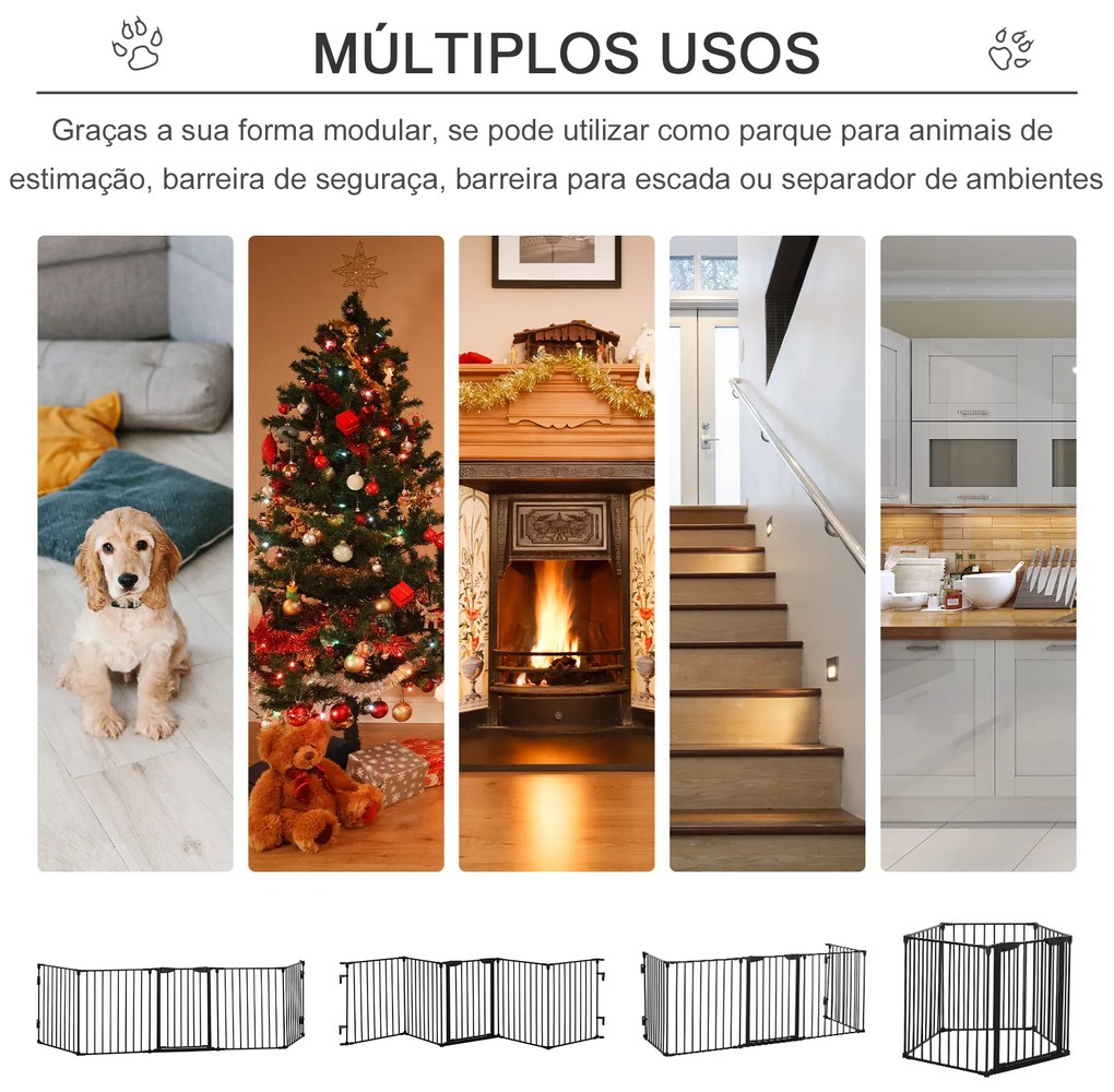 Barreira de Segurança para Animais de Estimação Barreira Dobrável de 5 Painéis com Fechadura Inteligente 300x74,5 cm Preto