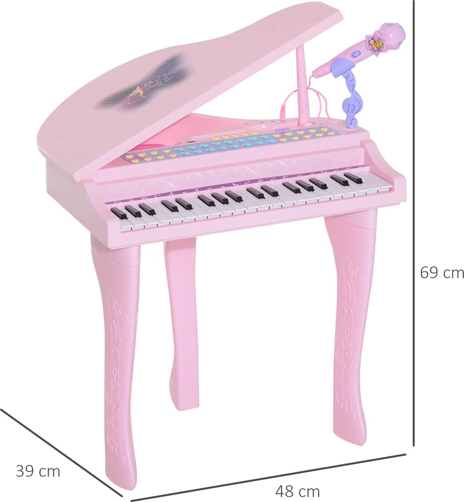 Piano de Cauda Electrónico para Crianças, 48 x 39 x 69 cm, 37 Teclas Multifunções, Cor-de-Rosa