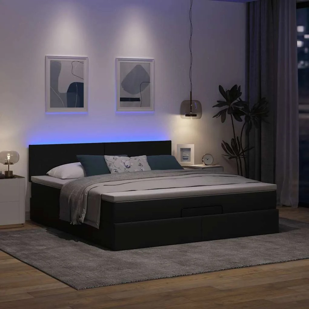 Cama Otomana com colchão &amp; LEDs 180x200cm tecido cinza-escuro