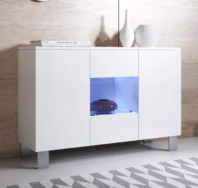 Aparador Clash de 120cm com Luzes LED e Pernas em Aluminio - Branco Br