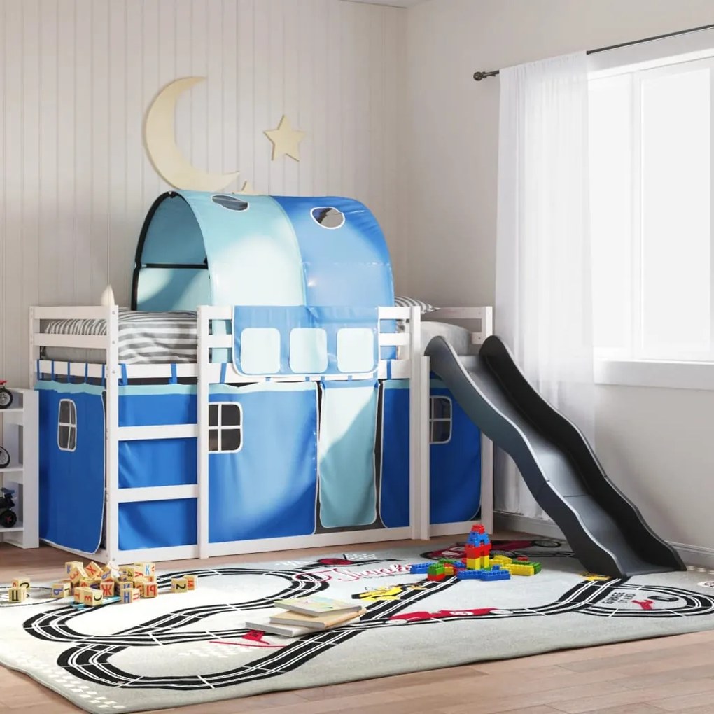 vidaXL Beliche com escorrega e cortinas 90x200 cm azul